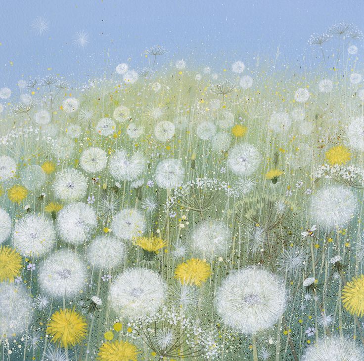 a painting of dandelions in a field with blue sky