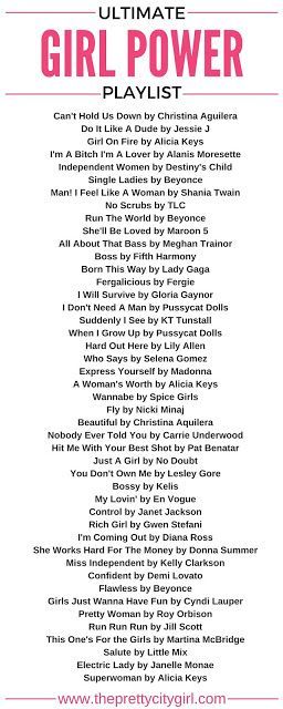 the ultimate girl power playlist is shown in pink and white, with words above it