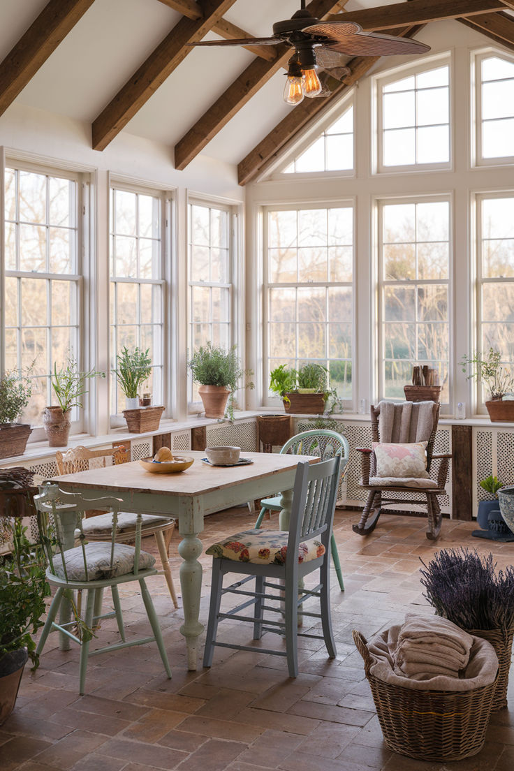 the sun room is filled with potted plants and wicker baskets on the floor