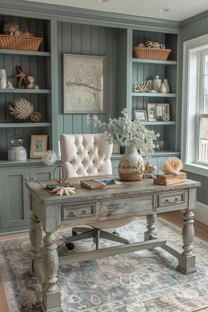 an old desk in the corner of a room with bookshelves and other items