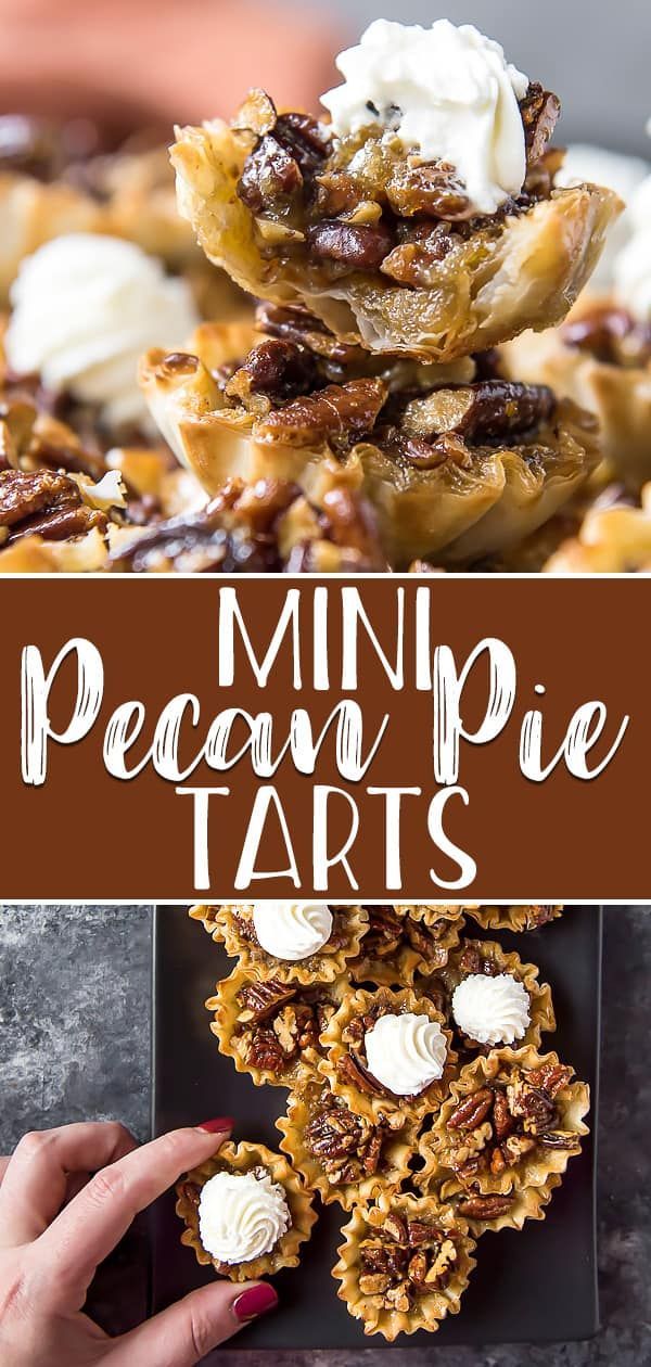 mini pecan pie tarts are stacked on top of each other and topped with whipped cream