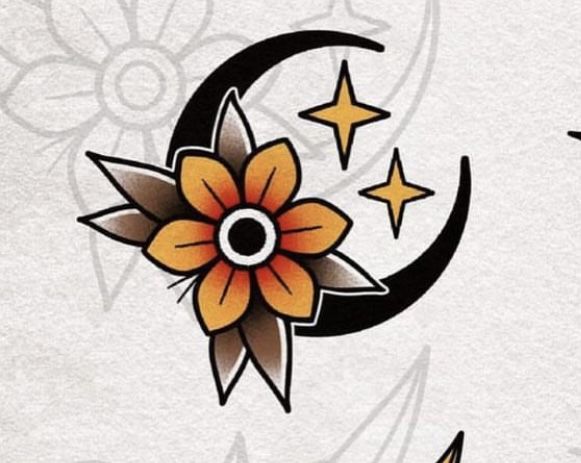 an artistic tattoo design with flowers and stars