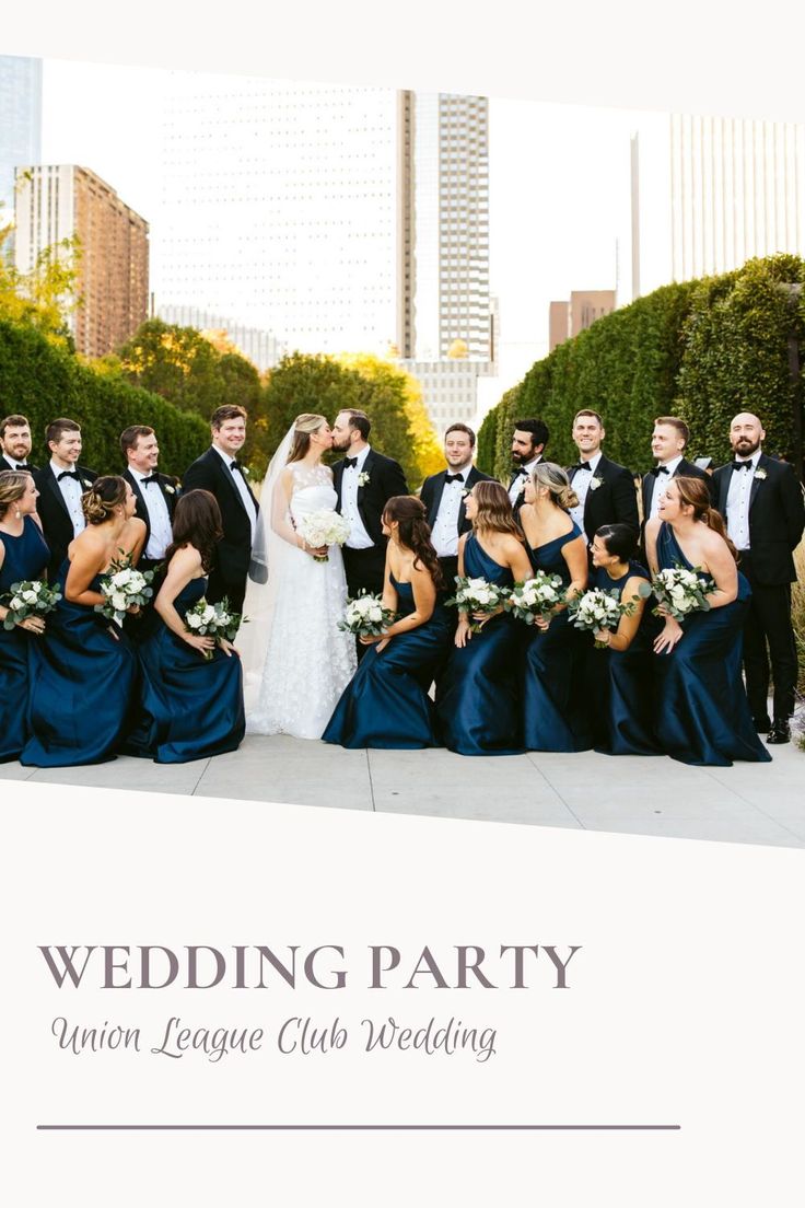 a group of people standing next to each other in front of a building with the words wedding party written on it