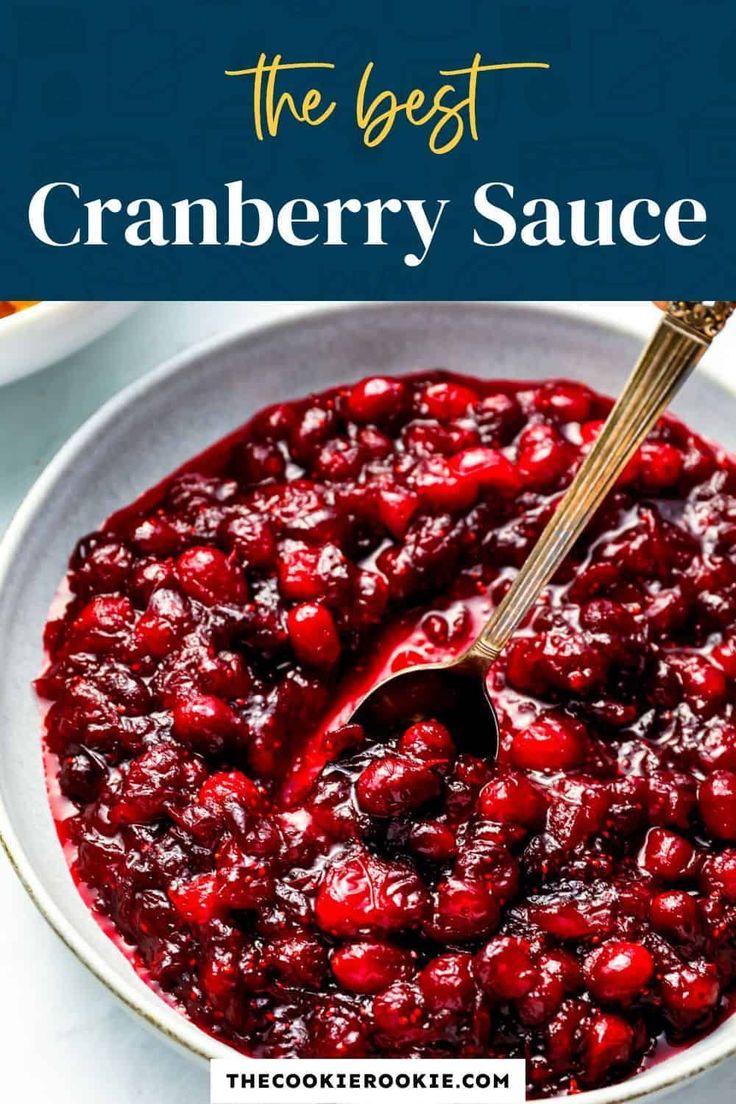 cranberry sauce in a white bowl with a gold spoon and text overlay that reads the best cranberry sauce