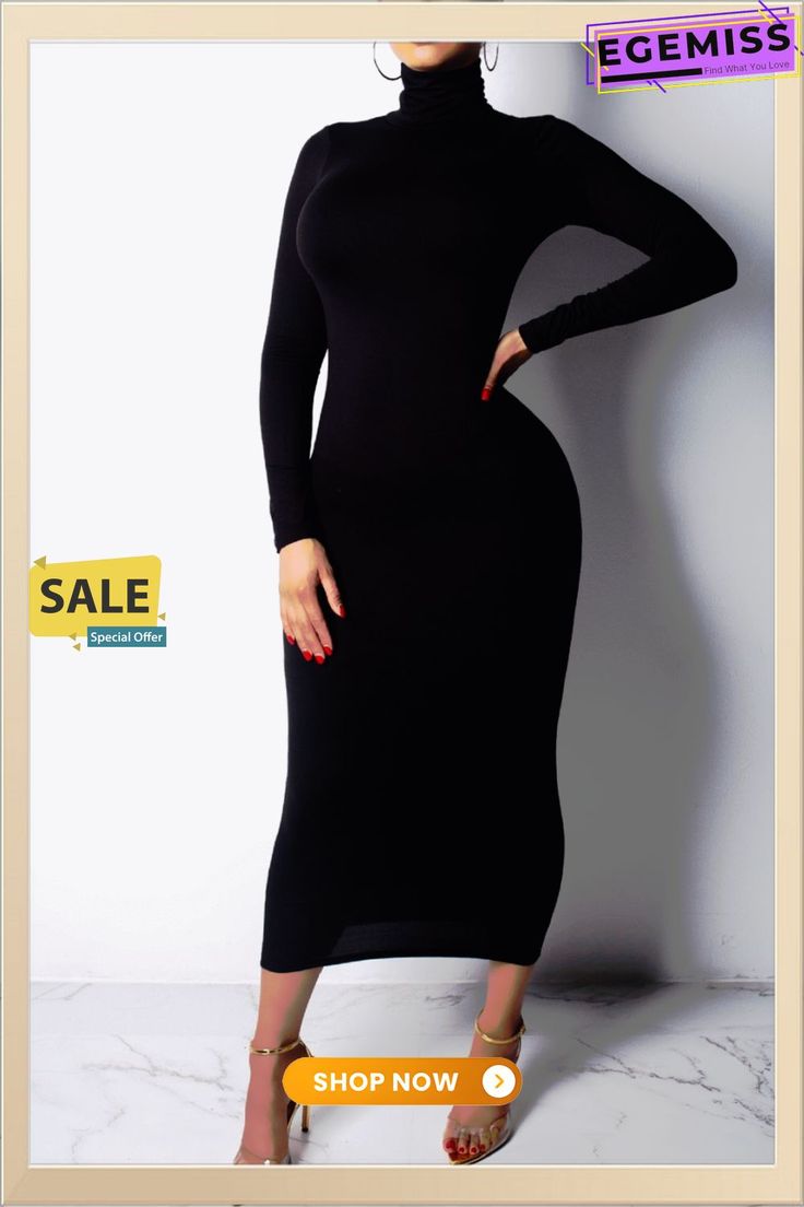 Black Fashion Sexy High Neck Long Sleeve Dress Non-stretch Black Bodycon Dress For Club, Black Non-stretch Solid Midi Dress, Black Solid Color Midi Dress For Party, Black Non-stretch Bodycon Dress For Evening, Trendy Black Bodycon Dress, Black Solid Color Midi Dress For Date Night, Chic Solid Color Dress For Club, Chic Solid Color Club Dress, Fitted Solid Black Midi Dress