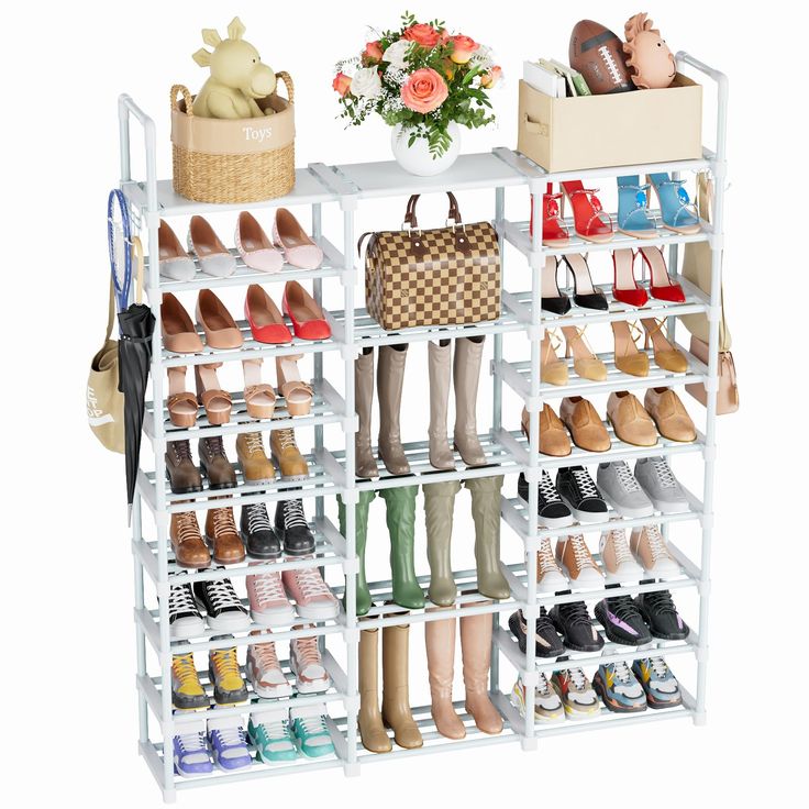 the shoe rack has many pairs of shoes and purses on it's shelves