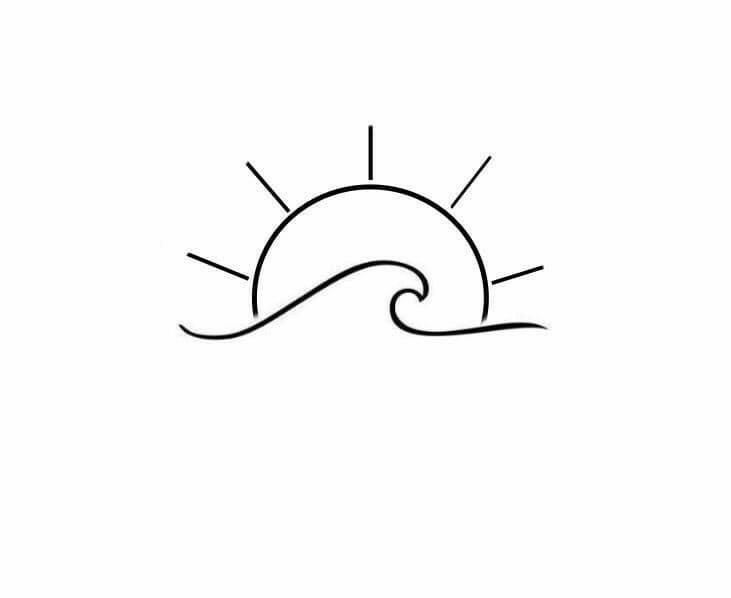 a black and white drawing of a sun over the ocean with waves in front of it