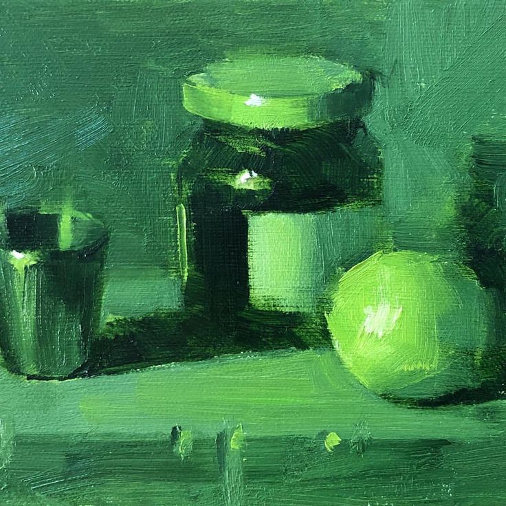 an oil painting of green apples and jars on a table with one apple in the foreground