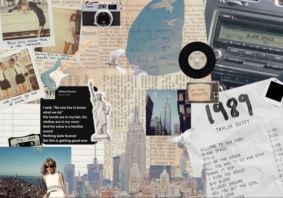 a collage of photos, papers, and other things that are on top of each other