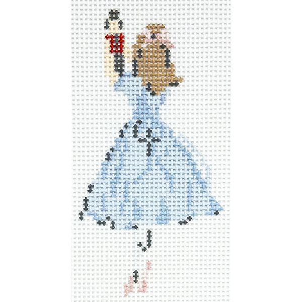 a cross stitch pattern of a woman in a blue dress holding a red cup and bottle