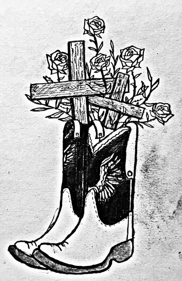 a drawing of a rubber boot with flowers in it and a cross on the ground