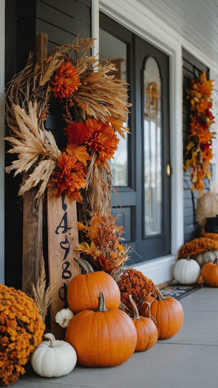 pumpkins and gourds are arranged on the front porch for fall decorating