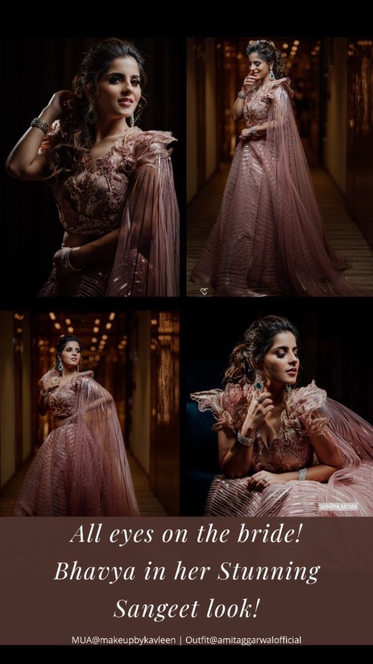 an image of a woman in a pink dress with the caption, all eyes on the bride bhavya in her stunning sangeet look