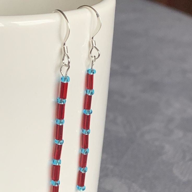 These Handcrafted Earrings Are Made From; Sterling Silver Posts And Wires Red Glass Beads Blue Glass Beads Red Czech Glass Beaded Earrings With Dangling Beads, Adjustable Red Czech Glass Beaded Earrings, Red Beaded Czech Glass Earrings, Nickel-free Red Earrings For The Beach, Red Beaded Earrings With Dangling Beads For Beach, Red Beaded Earrings For Beach, Silver Glass, Jewelry Sterling Silver, Hand Crafted Jewelry