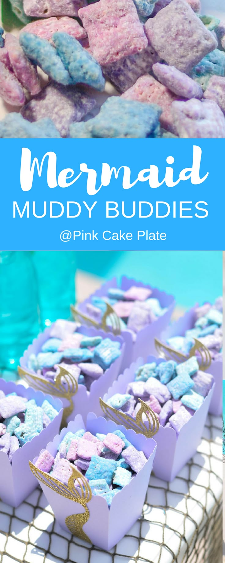 mermaid muddy buddies pink cake plate with blue and purple marshmallows in the middle