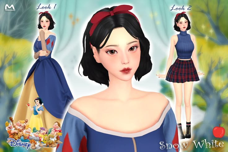 snow white and the seven dwarfs from disney's snow white princesses are featured in this image