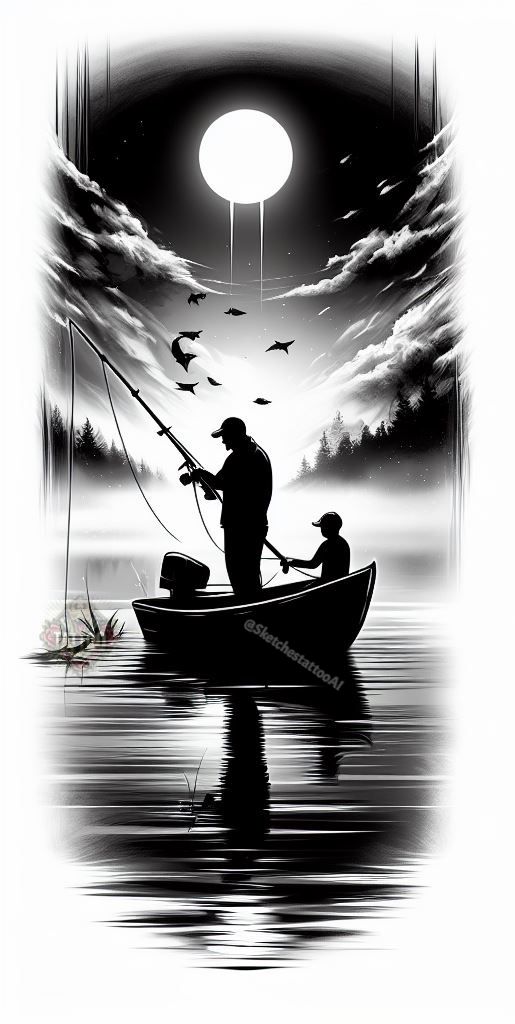 two people in a boat fishing at night