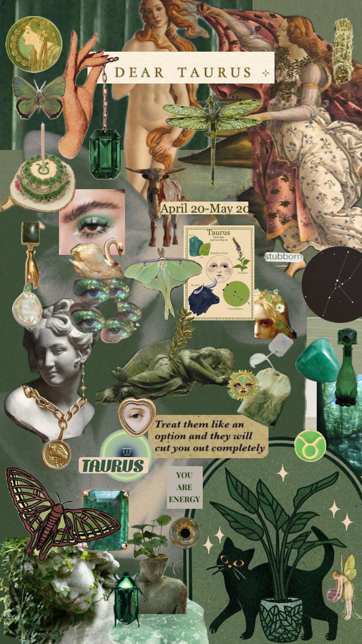 a collage with many different images and words on it's side, including the word dear taurus