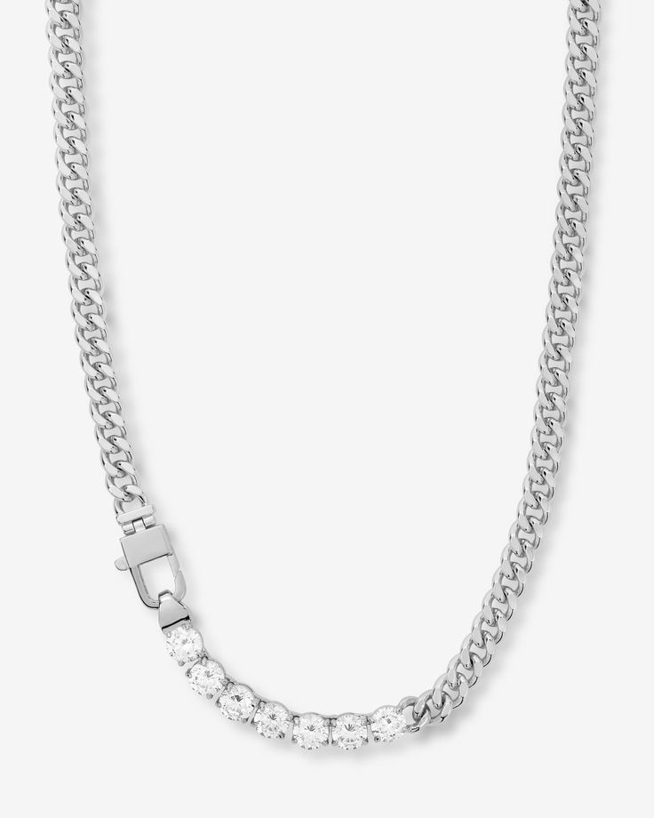 Chains + Diamonds = The Best of Both Worlds. Our best-selling Julian Cuban Chain Necklace becomes even more dazzling when simulated diamonds are added to the mix. Why? Because no one has ever been disappointed by adding diamonds.DETAILS: Cuban Chain Necklace Length: 18” Width: 6mm Signature MM Padlock Clasp SKU: N6361 Melinda Maria Jewelry, Cuban Chain Necklace, Diamonds Necklace, Pearl Necklace Earrings, Necklace Chain Lengths, Cuban Chain, Necklace Length, Chain Bracelet, Body Jewelry