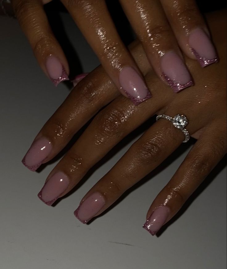 Glitter Lined French Tip Nails, Pink Reflective Glitter Nails French Tip, Lavender Glitter French Tip Nails, Light Pink Glitter French Tip Nails, Almond Glitter French Nails, Pink Sparkle French Tip, Pink French Tip Nails With Glitter, Glitter French Tips Acrylics, Pink Sparkle French Tip Nails