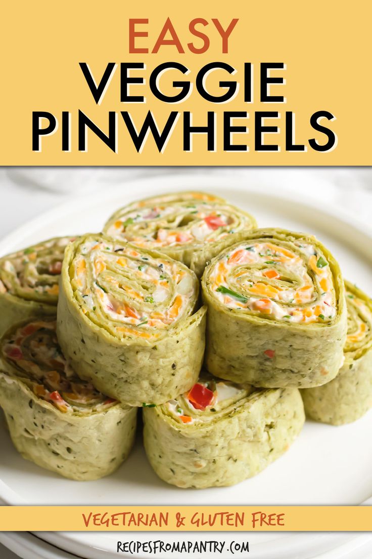 easy veggie pinwheels on a white plate with the title overlay