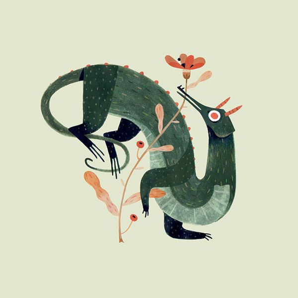 an illustration of a lizard with flowers on it's back and its tail curled up