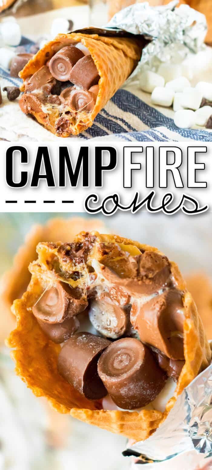 the campfire cones are filled with marshmallows, chocolate and caramel