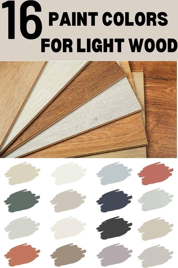 the top ten paint colors for light wood flooring in various shades and sizes, with text overlay that reads 16 paint colors for light wood