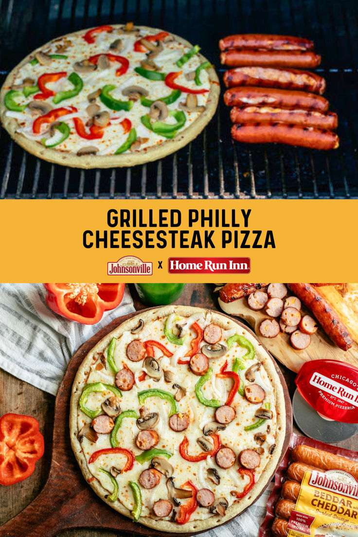 grilled phily cheesesteak pizza with hot dogs and peppers on the grill