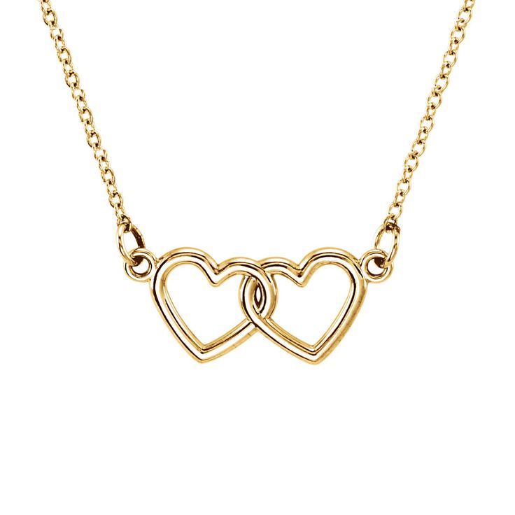 It starts with a smile and then blossoms into something special. Help create a love story with this tiny double heart necklace fashioned from 14k yellow gold. The pendant is approximately 18mm (11/16 inch) in width by 8mm (5/16 inch) in length. The attached solid cable chain finished with a spring ring clasp is 1mm in width by 18 inches in length. Tiny Cross Necklace, Diamond Star Necklace, Signature Necklace, Double Heart Necklace, A Love Story, Bow Jewelry, Dainty Gold Necklace, Gold Necklace Women, Diamond Star