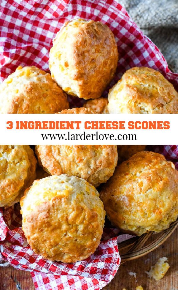 three ingredient cheese scones in a basket on top of a red and white checkered cloth