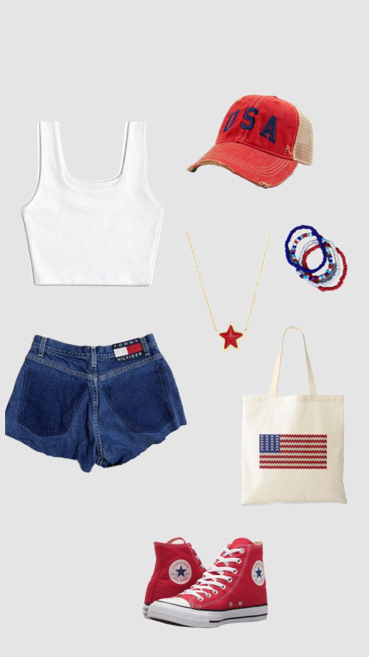 an american flag outfit, hat, and converse sneakers are arranged on a white background