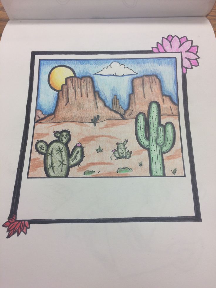 a drawing of a desert scene with cactus and mountains