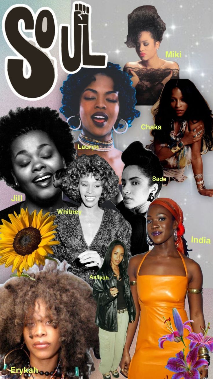 a collage of black women with sunflowers and words that spell out soul