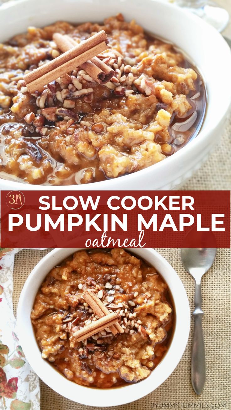 slow cooker pumpkin maple oatmeal in a white bowl with cinnamon sticks