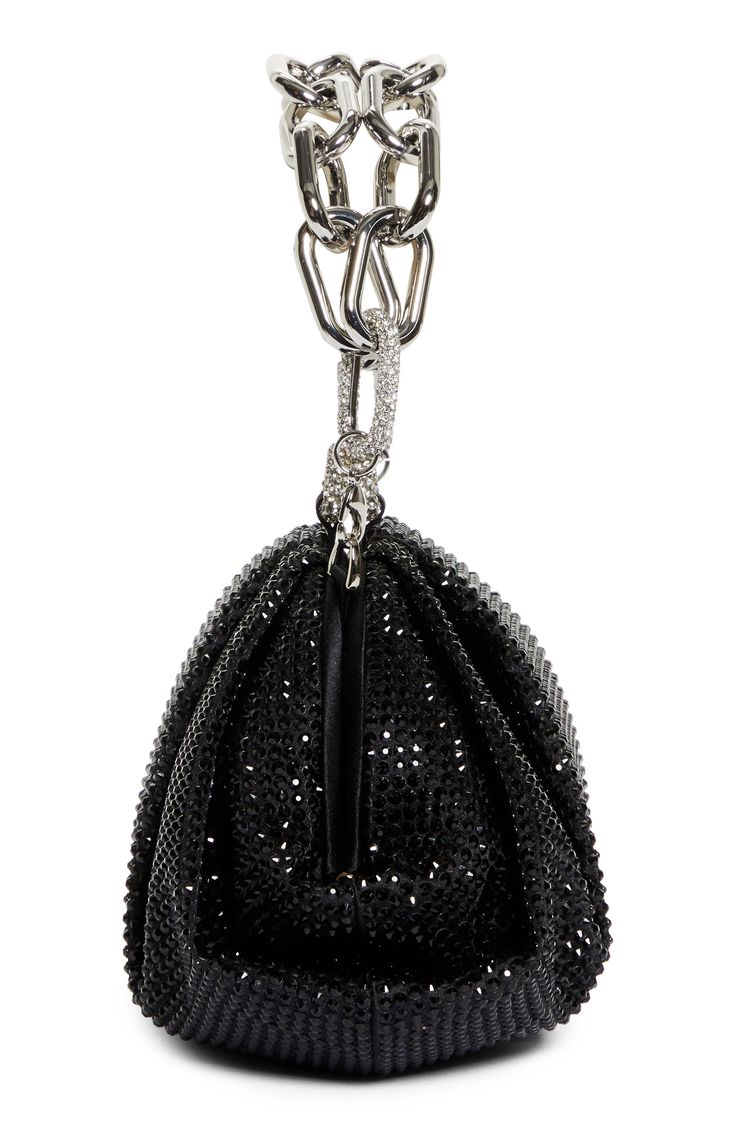 Inspired by vintage jewelry pouches, this crystal-covered clutch features a deco-style closure and pleated silhouette. Push-clasp closure Removable chain top handles Textile/crystal Imported Designer Handbags Luxury Evening Bag With Chain Strap For Cocktail, Elegant Pouch Evening Bag With Fold Over Clasp, Luxury Evening Bag With Fold Over Clasp For Party, Luxury Cocktail Evening Bag With Chain Strap, Silver Evening Clutch With Detachable Handle, Evening Clutch With Fold Over Clasp, Evening Pouch Bag With Fold Over Clasp, Elegant Clutch With Fold Over Clasp For Party, Elegant Evening Bag With Fold Over Clasp For Party