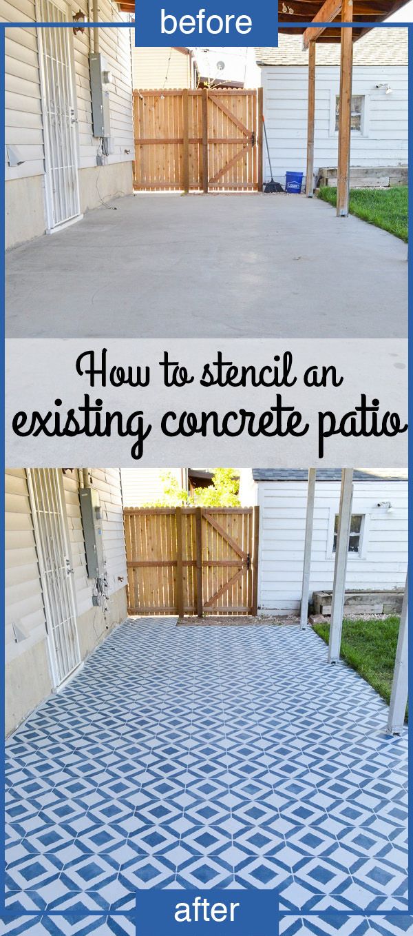 before and after photos of an outdoor concrete patio that has been painted with blue paint