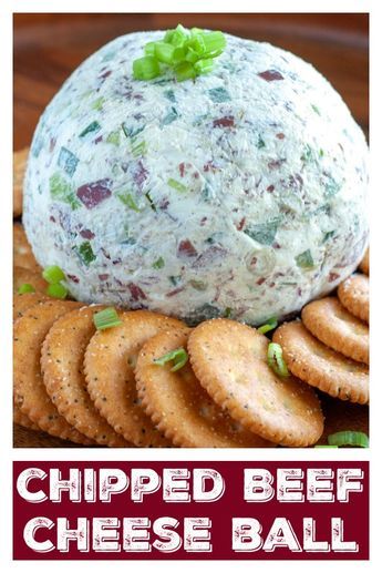 a cheese ball is on top of crackers with the words, chipped beef cheese ball