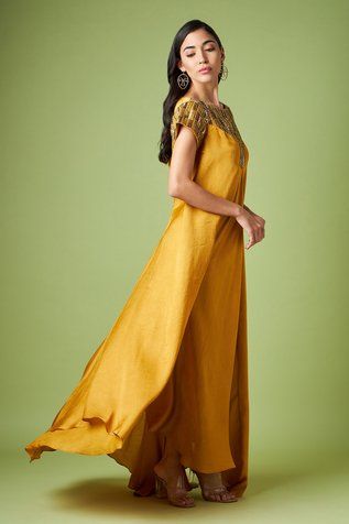 Shop for Aakaar Yellow Matka Silk Yoke Embellished Maxi Dress for Women Online at Aza Fashions Maxi Dress For Women, Embellished Maxi Dress, Maxi Dress Online, Boat Neckline, Dress For Women, Womens Maxi Dresses, Yellow Dress, Asymmetric Hem, Aza Fashion