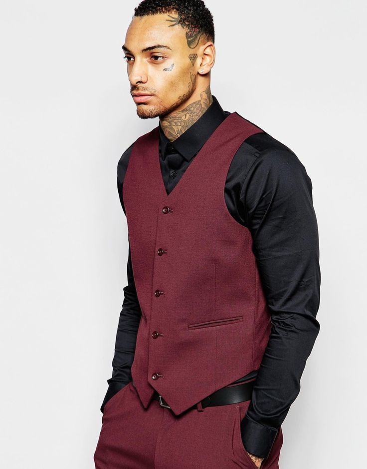 Image 1 of ASOS Skinny Vest In Burgundy Maroon Vest Outfit Men, Burgundy Vest, Navy Vest, Navy Blue Vest, Vest White, Mens Vests, Mens Vest, Vest Outfits, Mens Outerwear