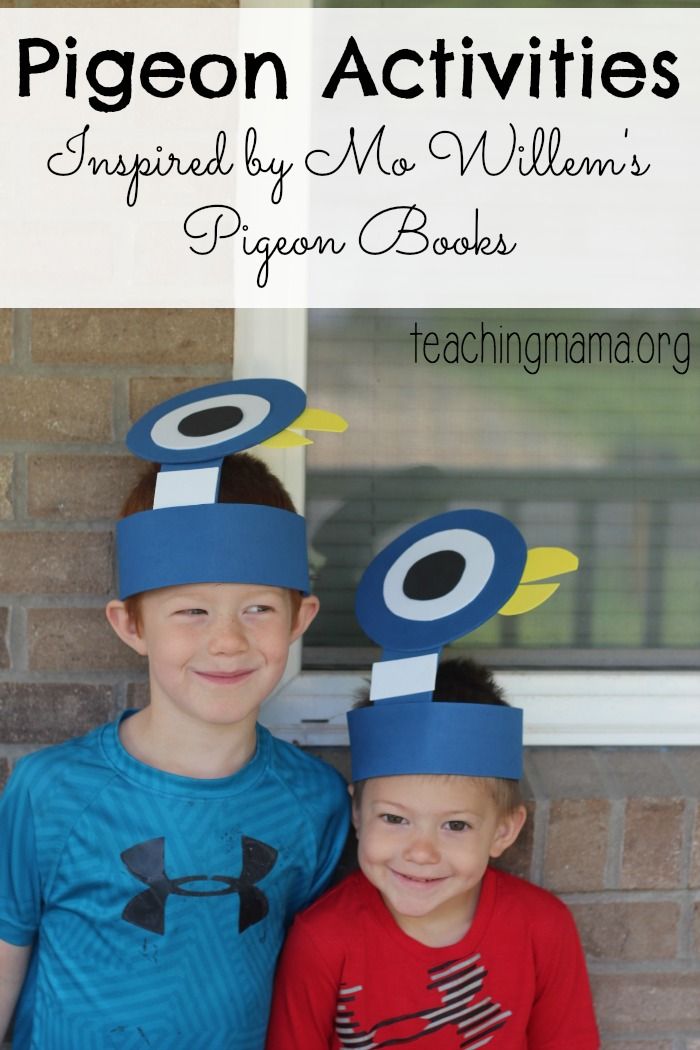 two young boys wearing paper hats with the words pigeonon activities inspired by mr william's pigeonon books