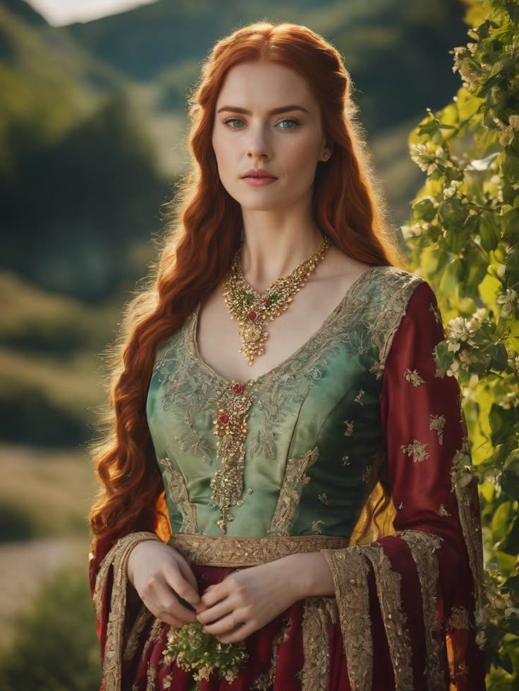 a woman with long red hair wearing a green dress and gold jewelry is standing in front of greenery