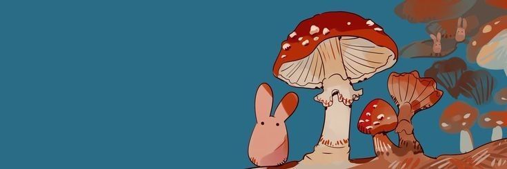 an image of mushrooms and rabbits in the woods with blue sky behind them, digital painting