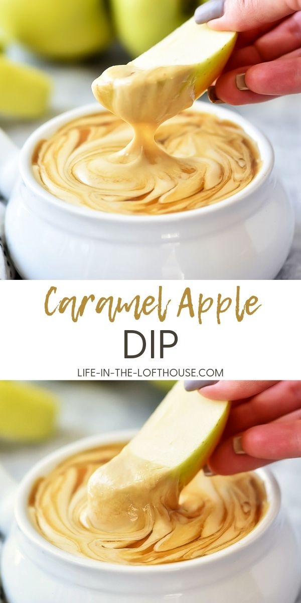 caramel apple dip in a white bowl with an apple slice being dipped into it