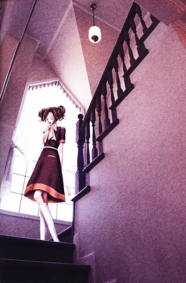 a woman in a brown dress is walking down the stairs