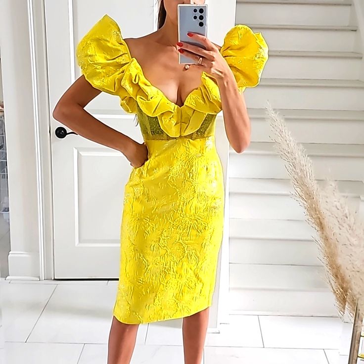 This Is A Show Stopper! Message Me For Exact Measurements If Interested. Summer Party Midi Dress With Puff Sleeves, Chic Yellow Dress For Party Season, Yellow Ruffled Dress For Night Out, Yellow Ruffled Mini Dress For Evening, Spring Dinner Dress With Ruffles, Spring Dinner Dresses With Ruffles, Spring Ruffled Dresses For Dinner, Elegant Yellow Puff Sleeve Dress, Party Midi Dress With Ruffles And Short Sleeves