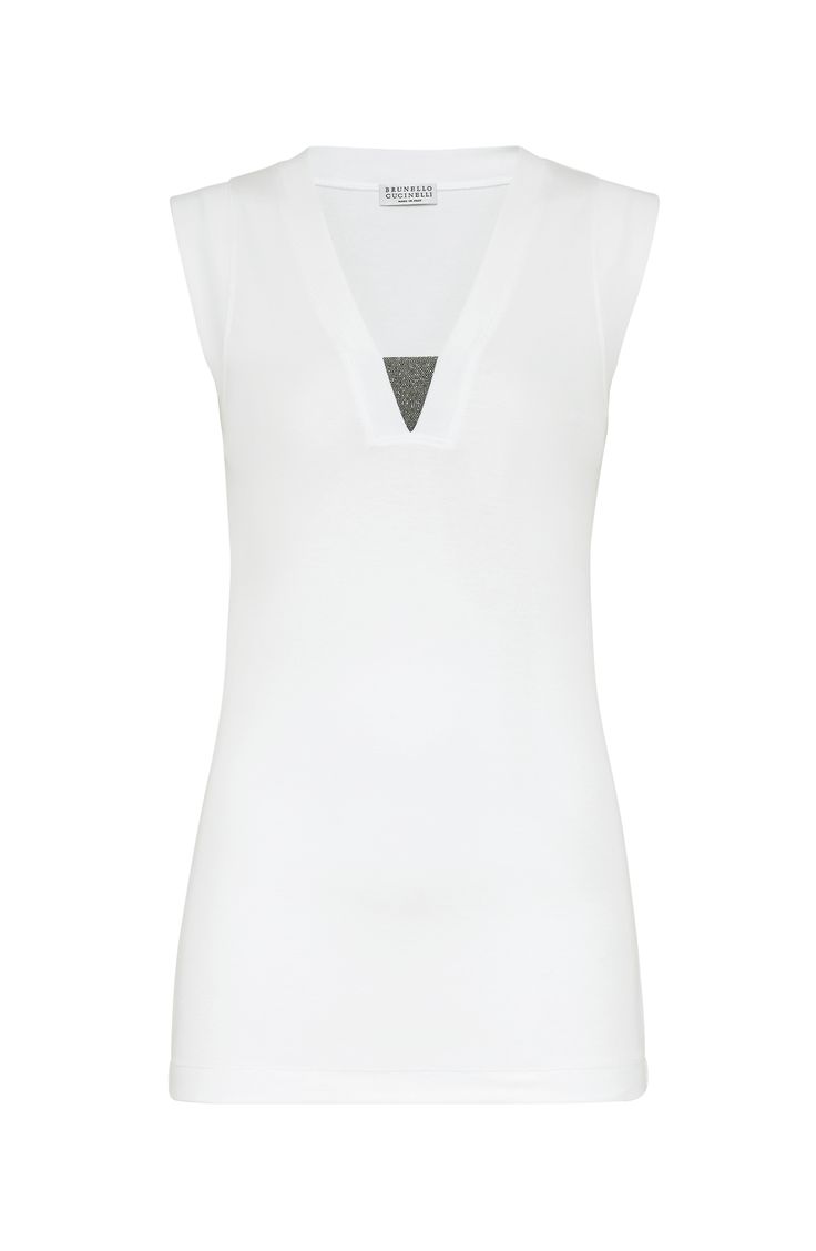 Inspired by menswear, the pure cotton jersey showcases the classic ribbed texture and offers a very comfortable, lightweight and extremely pleasant hand that is perfect for any season. V-neck Nickel-free monili decoration Ribbed V-neck Elastane Top, White Ribbed Elastane Top, White Fitted Tops With Ribbing, Fitted White Tops With Ribbing, White Fitted Top With Ribbing, Elegant Fine Knit Elastane Tops, Classic Fine Knit V-neck Top, White Sleeveless Ribbed Top, Elegant Cotton Fine Knit Tops