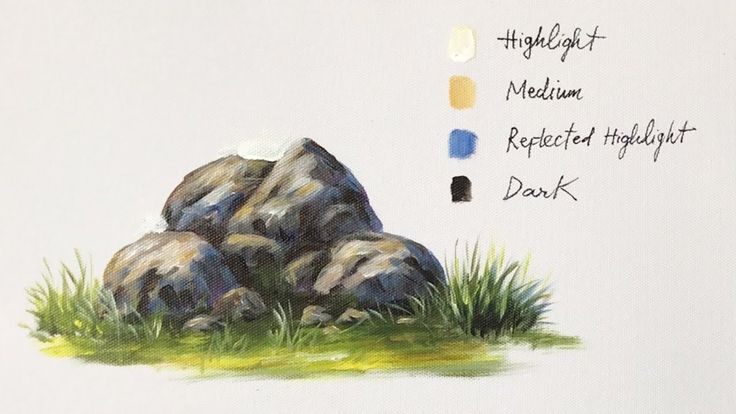 a painting of rocks and grass with the words highlight medium, repeated highlight dork