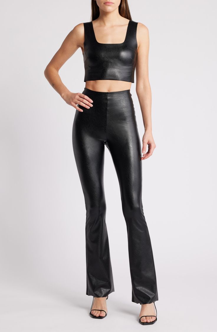 The brand's signature internal smoothing waistband brings ultimate comfort to sleek faux-leather leggings cut in a flare-leg silhouette. 33 1/2" inseam; 20" leg opening (size Medium) Pull-on style Stretch lining 97% viscose, 3% elastane with polyurethane coating Machine wash, line dry Imported Leather Crop Top, Wear Crop Top, Flare Leggings, Faux Leather Leggings, Fabric Gifts, Anniversary Sale, Free Fabric, Leather Leggings, Square Neck