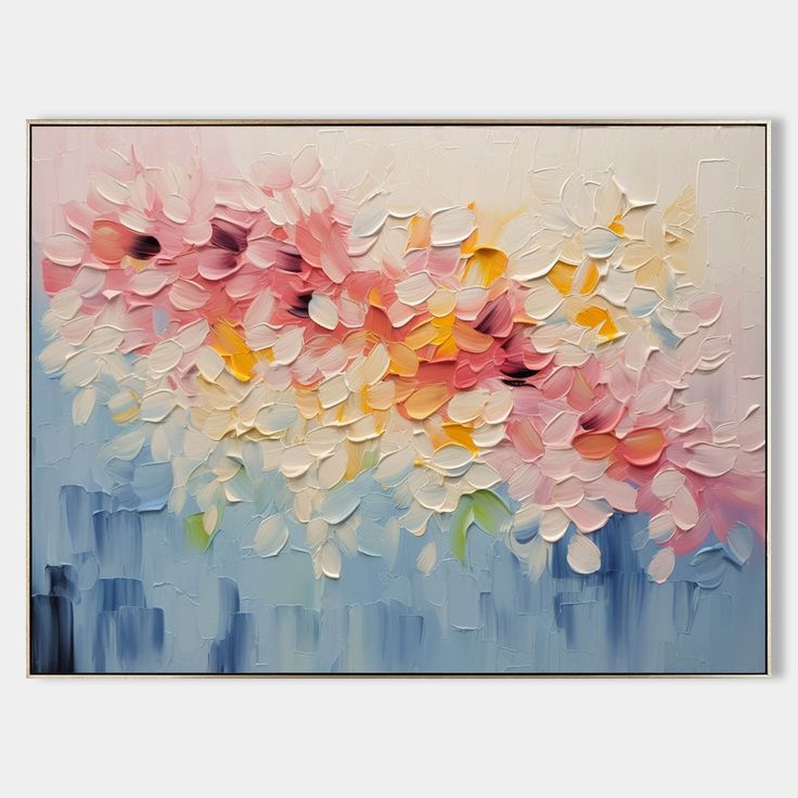 an abstract painting with pink and yellow flowers